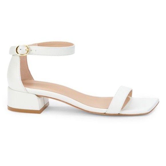 Stuart Weitzman "Nudistjune" White Leather Sandals with Square-toe, & Block Heel - Picture 3 of 10
